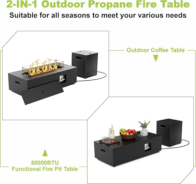 Dineli 2-Piece Outdoor Propane Fire Pit Table Set w Tank Table 42'' Rectangular Gas Fire Pits for Outside Patio 2-in-1 Table Fire Pit Tabletop w LED, 50,000 BTU (Black with RGB Light)