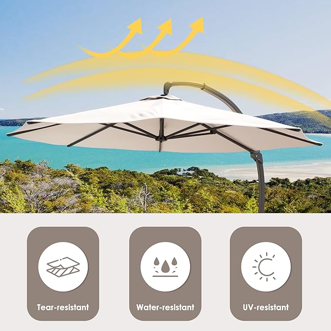 ENSTVER 12FT Cantilever Patio Umbrella With Base Included, Round Large Aluminum Outdoor Cantilever, Heavy Duty Offset Umbrella with 360°Rotation for Pool, Deck, Backyard, Garden(Champagne)