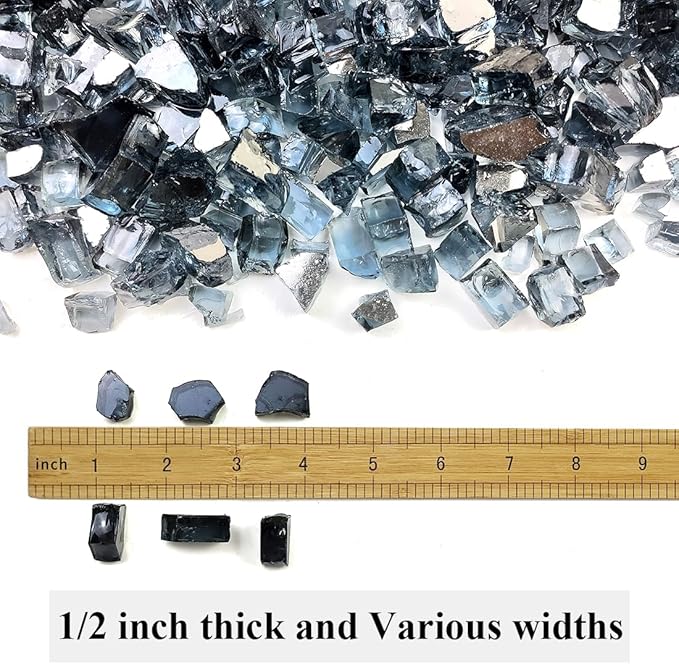 Fire Glass for Propane Fire Pit, 1/2 Inch High Reflective Fireplace Glass Rocks for Fire Pit Table, Fire Pit Glass Rocks for Outdoor Fire Table and Landscaping, 5 lbs, Black Reflective