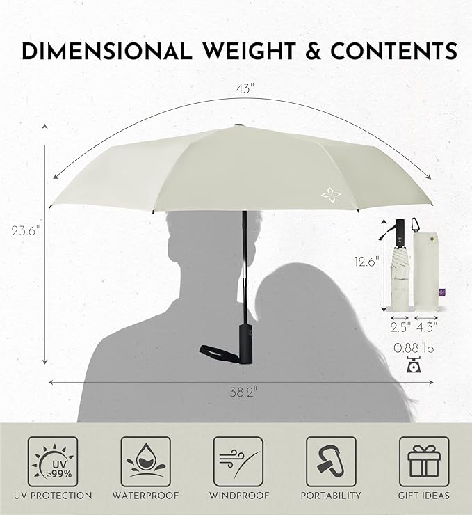 UV Travel Umbrella for Sun Protection & Rain, Compact Windproof Folding, Refined craftsmanship, Auto Open/Close, 43" Canopy with color coating, UPF 100+ UV Blocking, TSA Approved