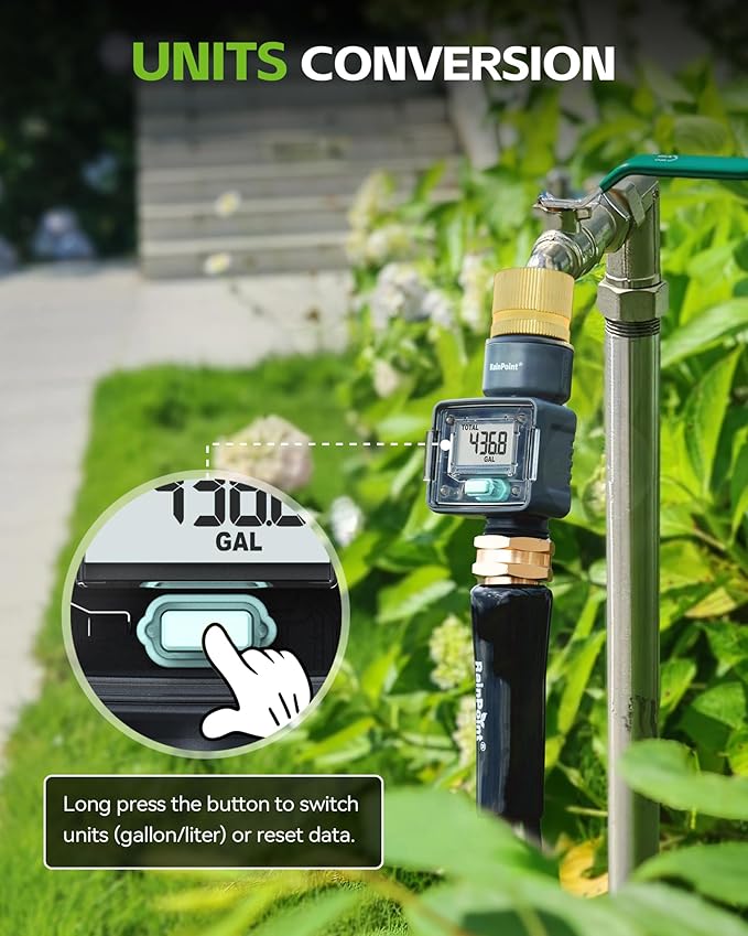 RAINPOINT Water Flow Meter with Brass Inlet, ±5% Accuracy, Max Measured Consumption of 9999.9 Gallon/Liter, Water Meter for RV Tank Filling, Garden Hose Watering, Lawn Sprinkler & Nozzle Sprayer