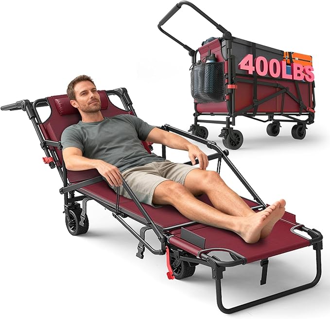 LEVELEVE Heavy Duty Folding Wagon - 2-in-1 Collapsible Cart, 400lb Capacity, All-Terrain Wheels w/Brakes & Side Pockets