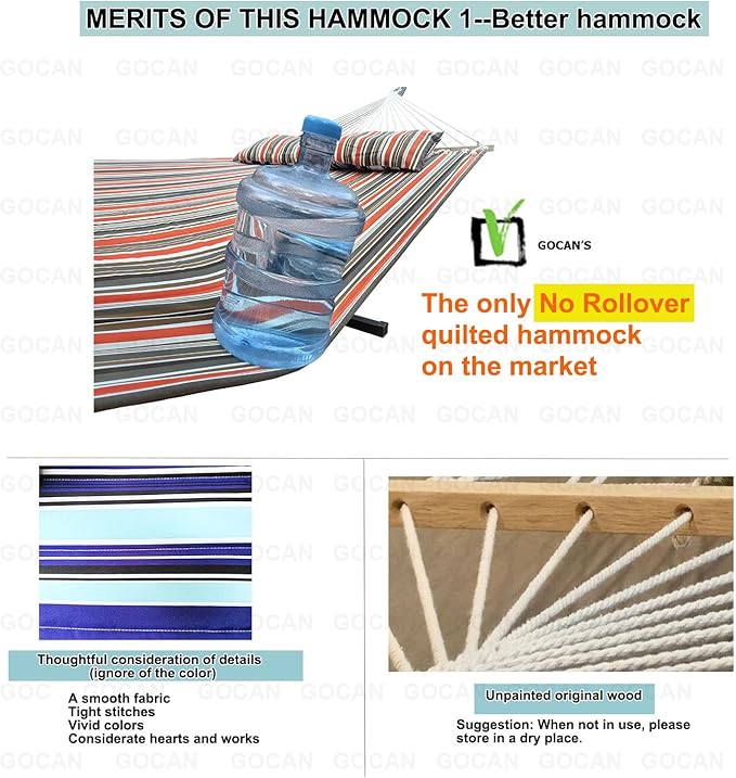 GOCAN Quilted Fabric Double Hammock Won't flip with Stand and Spreader Bars,Safer and Sturdier,Quality Hammocks for Outdoor Indoor Patio Yard Two Sided Dual use red/Blue