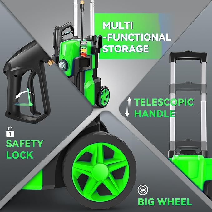 Professional Pressure Cleaner 5000 PSI,Heavy Duty Power Cleaner with 4 Nozzles,Foam Cannon,33FT Hose and 500ml Soap Bottle for Home/Cars (Green)