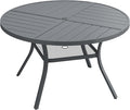 VICLLAX Round Patio Dining Table, 4-6 Person Metal Outdoor Dining Table with Umbrella Hole and Storage Shelf for Garden Lawn Deck, 47.2" Dark Grey