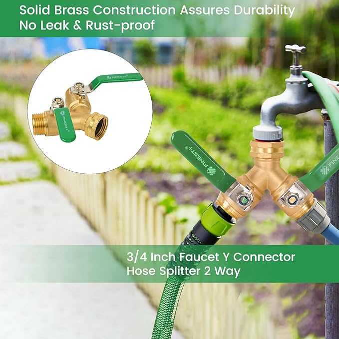 Garden Hose Splitter 2 Way, Heavy Duty Brass Y Valve Garden Hose Splitter With Stainless Steel Long Handle, Full Flow Hose Splitter Connector, Y Valve 3/4 Inch GHT Thread