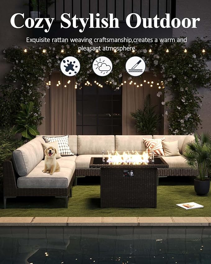 LayinSun 7-Piece Outdoor Modular Wicker Sectional Sofa with Fire Pit Table, Patio Furniture Conversation Set with Deep Seating and Thick Cushions