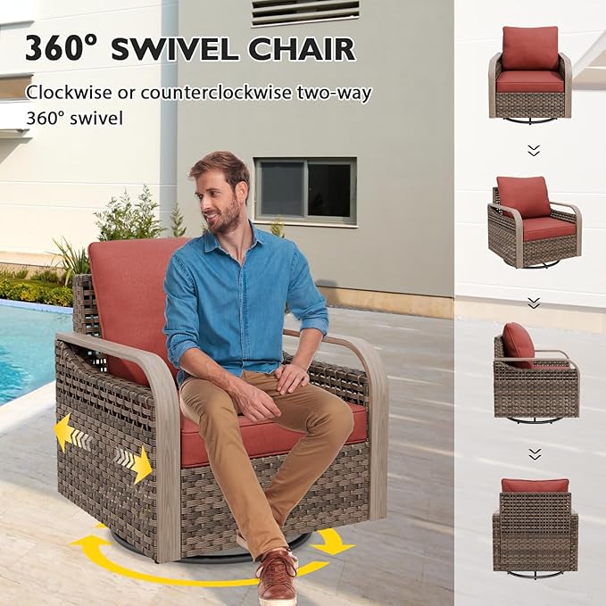 EAGLE PEAK Modern Wicker Outdoor Patio Furniture Set, Patio Conversation Set, 2 Swivel Rocking Chairs, 2-Seat Loveseat and 2 Ottomans, 5 Pieces, Brown/Red