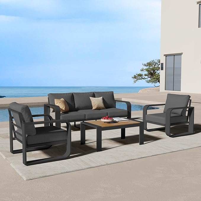 Oasbira Aluminum Outdoor Patio Furniture Set, 4 Piece Oversized Patio Conversation Sets Widened Armrest & Ultra-Thick Cushions, Heavy Duty Modern Sectional Furniture for Backyard, Porch, Graphite
