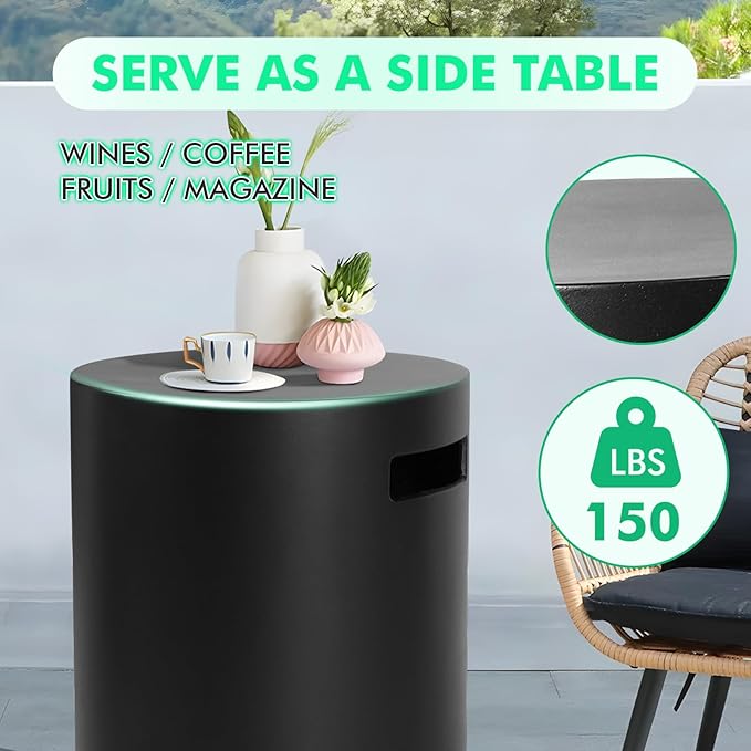 Propane Tank Cover Table - Outdoor Tank Covers Concrete Gas Tank Box - 20 LB Modern Cover Tables with Side Handle - Concrete Hideaway Holder for Patio or Deck - Black&Round