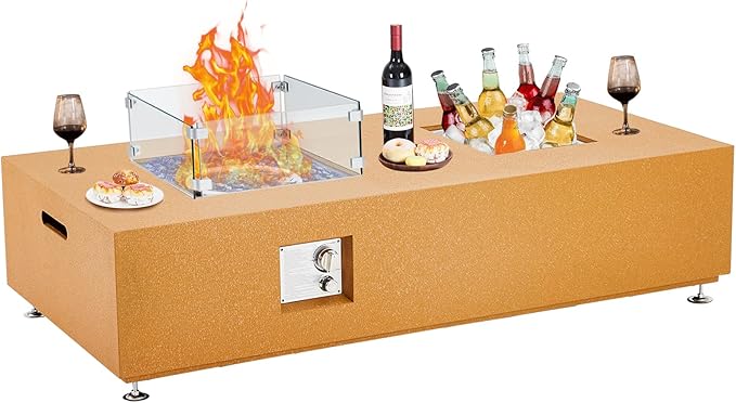 56" Outdoor Propane Fire Pit Table, 50000BTU Fire Table with Wind Guard, 11LBs Glass Beads & Rain Cover, Patio Heater with Anti-Rust Coating, Stainless Steel Gas Fire Pits for Outside Patio, Yellow