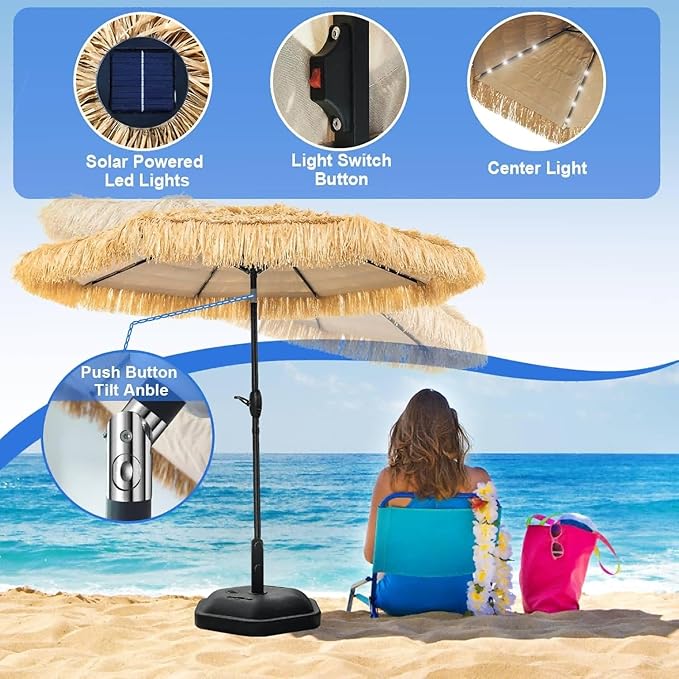 9 FT Solar Thatch Tiki Umbrella, Hawaiian Style Straw Umbrella, UPF 50+ Patio Umbrellas with 32 LED Lights for Beach, Pool,Garden