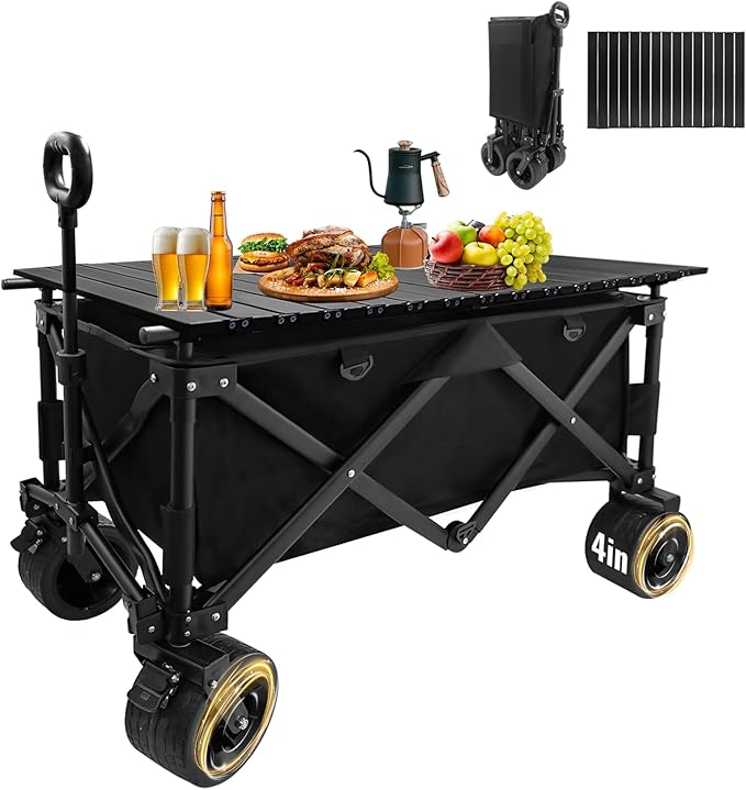 Collapsible Wagon Cart with Table,Beach Cart with Big Wheels for Sand,440Lbs Beach Wagon for Sand,Garden,Camping,Travel,Sports-Black.