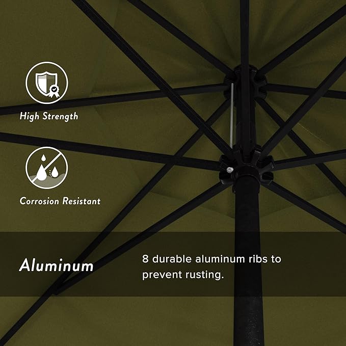 California Umbrella 9' Rd Aluminum Patio Umbrella, Crank Lift, Auto Tilt, Black Finish, Sunbrella Cilantro