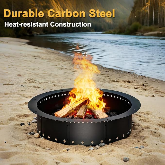 FANHAO Outdoor Fire Pit Ring, 36-Inch Outer/30-Inch Inner Fire Ring Smokeless, Wood Burning Fire Pit Ring Duty Solid Metal Steel Liner DIY Campfire Ring Above or In-Ground, Camping Patio Backyard