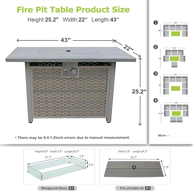 30" Round Propane Fire Pit Table - 50K BTU with Lid, Rocks Tank Storage and Cover - Round Gas Fire Pits for Outside Patio - Outdoor Table with Firepit (Brown, 43" Rectangular)