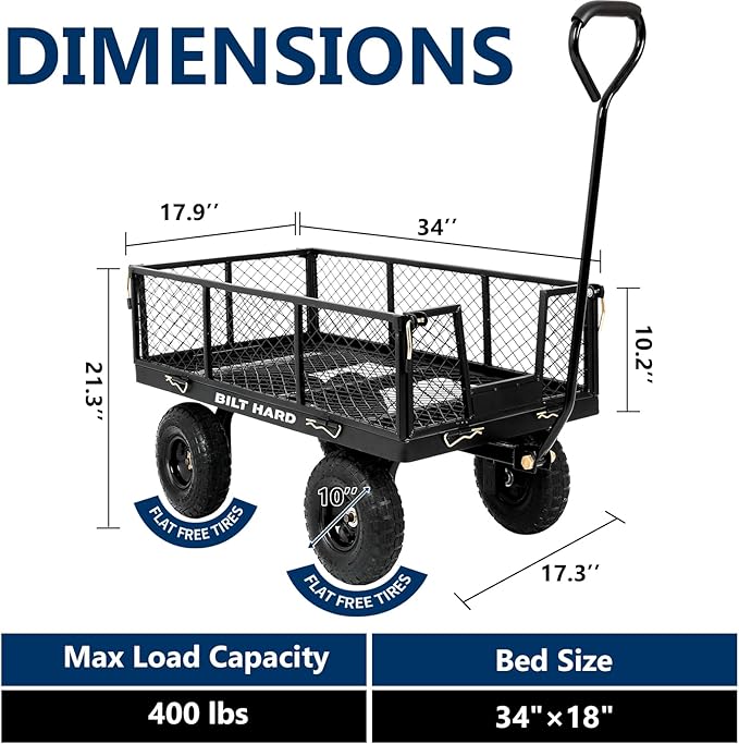BILT HARD 400 lbs 10" Flat Free Tires Steel Garden Cart with 180° Rotating Handle and Removable Sides, 4 Cu.Ft Capacity Utility Heavy Duty Garden Carts and Wagons
