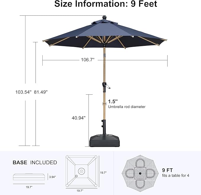 PURPLE LEAF 9 Feet Patio Umbrella with Base Market Umbrella Round Outdoor Umbrella with Push Button Tilt & Crank and 8 Ribs Aluminum Outdoor Table Umbrella for Garden Deck Balcony, Navy Blue