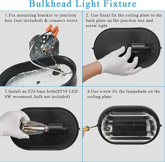 8.5 Inch Waterproof Bulkhead Light Fixture Black Bulkhead Wall Light Sauna and Dock Light with UL Listed Aluminum Frame and Thickened Clear Glass Shade 2 Pack