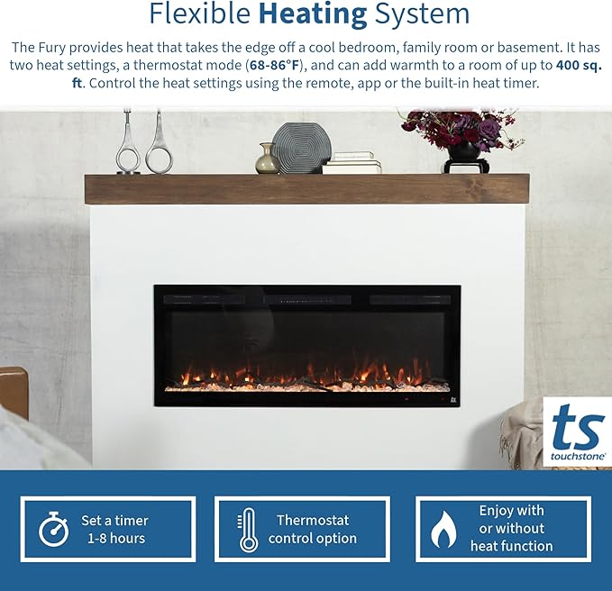 Touchstone Smart Electric Fireplace-The Fury 65" Wide- 4.5" Thin in Wall Recessed-100 Realistic Flame/Ember Bed Color Combos-1,500W Heater-Larger Viewing Area-Alexa/WiFi Enabled