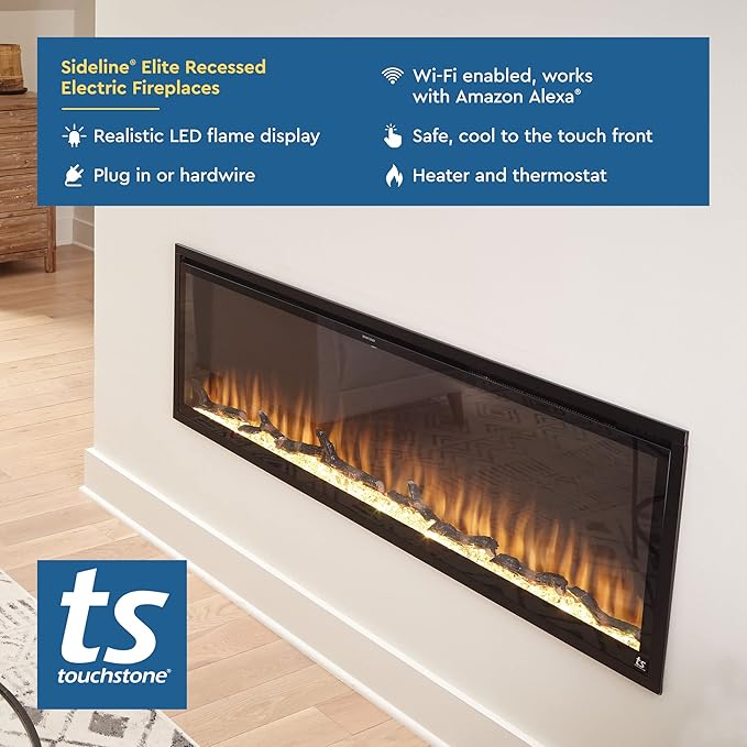 Touchstone Sideline Elite Smart 84” WiFi-Enabled Electric Fireplace - 80050 - in-Wall Recessed - 60 Color Combinations - 1,500W Heater - Black - Log, Crystals & Driftwood