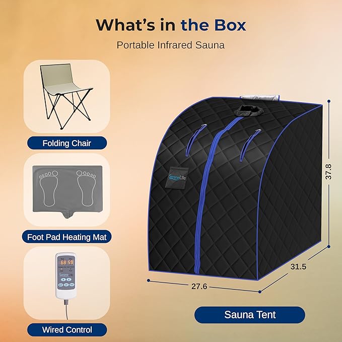 SereneLife Portable Sauna Box for Home, Infrared Sauna Tent with Heated Foot Pad and Folding Chair, Remote Control In-Home Spa, 38" x 32”