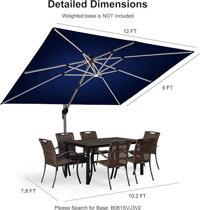 PURPLE LEAF 9' X 12' Double Top Deluxe Solar Powered LED Rectangle Patio Umbrella Offset Hanging Umbrella Outdoor Market Umbrella Garden Umbrella,Navy Blue