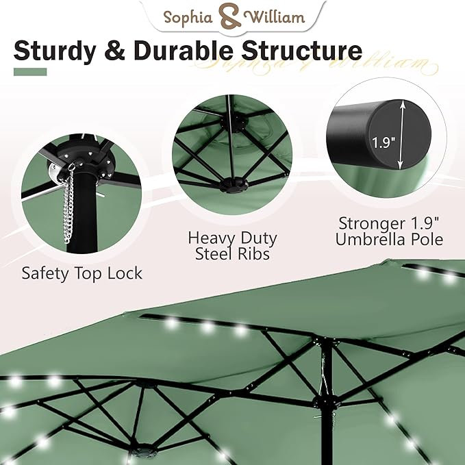 Sophia & William 15 ft Extra Large Patio Umbrella with Solar Lights, Rectangular Outdoor Umbrella with Base Included, Market Umbrella Double-sided Heavy Duty for Pool Garden Backyard, Mint