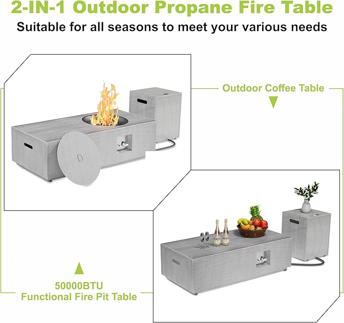 Dineli 2-Piece Outdoor Propane Fire Pit Table Set w Tank Table 48'' Rectangular Firepit Gas Fire Pits for Outside Patio Fire Table Tabletop Fire Pits, 50,000 BTU, Light Gray