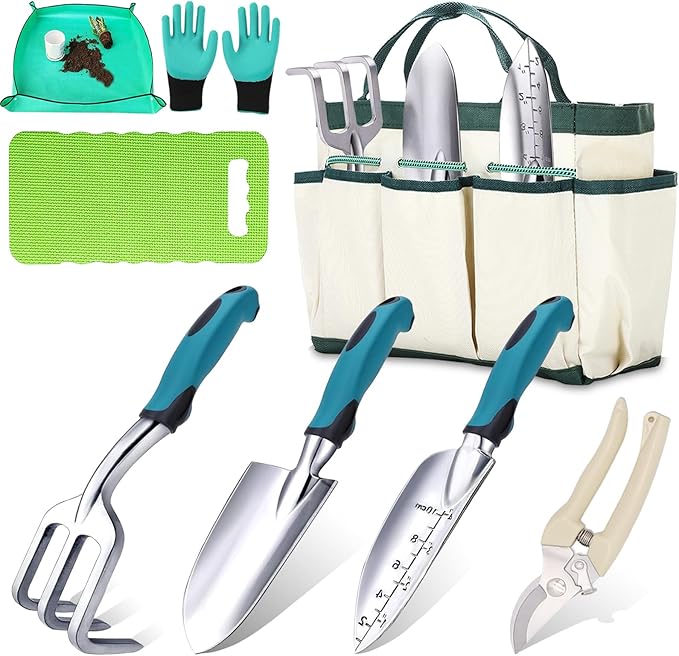 8-Piece Heavy-Duty Gardening Tools Set with Tote Bag - Rust-Proof Aluminum Gardening Hand Tools with Ergonomic Non-Slip Rubber Grips - Gardening Supplies Set Ideal Gift for Men & Women