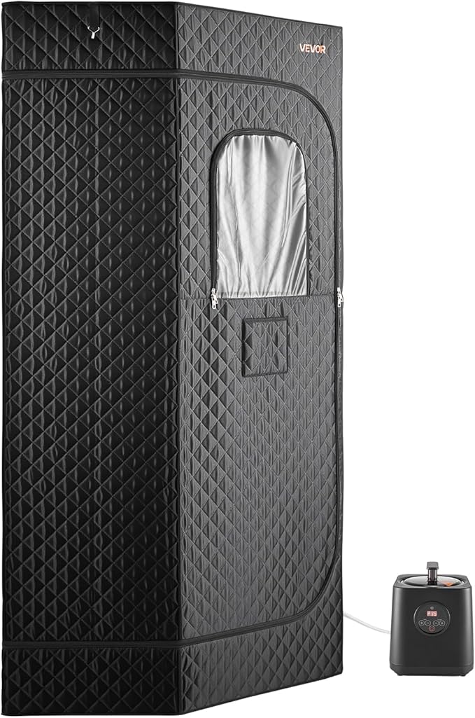 VEVOR Upgraded Portable Steam Sauna for Home, 1 Person Full Body Home Spa Tent with Steamer & 1 Foldable Chairs & Remote & Essential Oil Box,Heavy-Duty Stainless Steel Sauna Box, (Black,Pentagon)