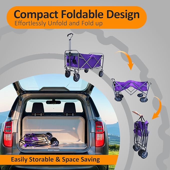 150 LBS Collapsible Wagon Cart, Large Capacity Utility Cart with All-Terrain Wheels, for Camping, Garden, Shopping and More, Purple