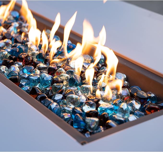 onlyfire 10-Pounds Fire Glass Diamonds for Propane Fire Pit, 1 Inch Blended Firepit Glass Rocks Stones for Gas Fireplace and Fire Pit Table, Caribbean Blue, Crystal Ice and Amber
