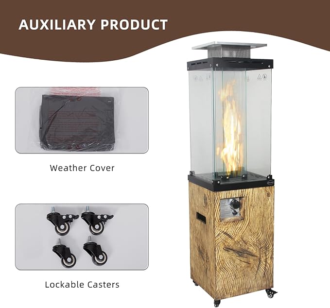 Afterglow Outdoor Patio Propane Fire Heater with Weather Cover Glass 41000 BTU Fireplace Patented & CSA Certificated, Wood Grain Brown