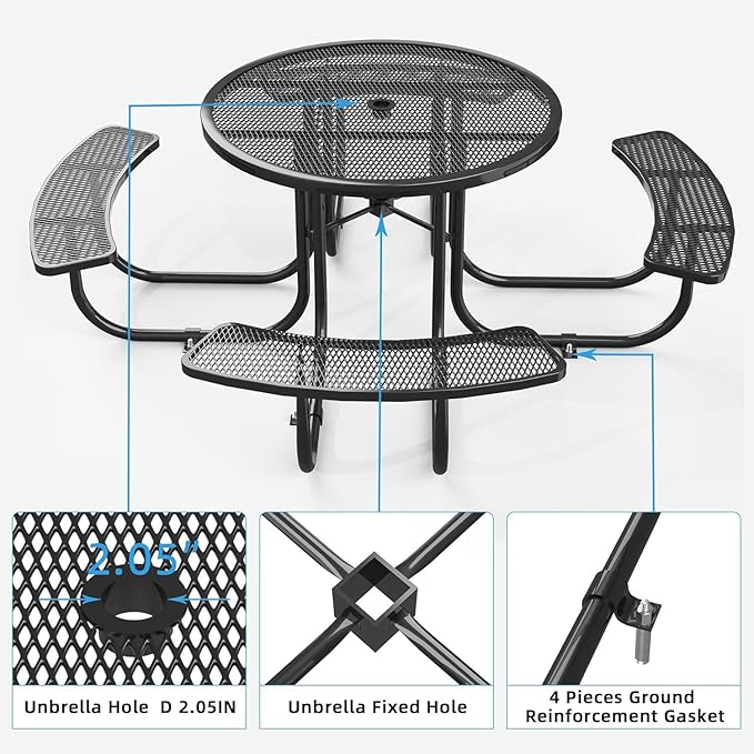 dafrigic 46" Round All Weather Resistant Commercial Picnic Table for Outdoors, Heavy Duty Picnic Table up to 4600 lbs with Umbrella Hole for School, Warehouse, Coffee Shop, Black