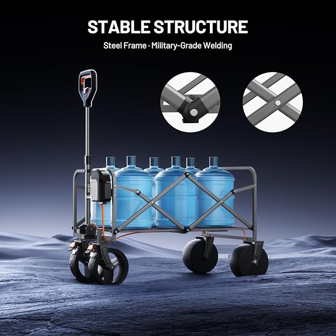Litheli Electric Collapsible Wagon Cart with Brakes, 100L Grocery Cart with Wheels,Easy to Carry Folding Wagon and Dual Port Charger for Camping, Gardening, Shopping