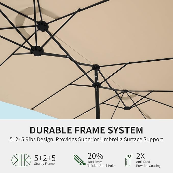 OLILAWN Patio Table Umbrella, 15ft Large Deck Umbrella with Base Included, Outdoor Double-Sided Rectangle Market Umbrella with Aluminium Crank, 12 Sturdy Ribs, for Deck Porch Garden, Beige