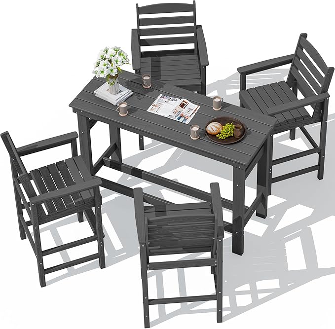 SERWALL Outdoor Bar Set - 4 Adirondack Bar Chairs & Bar Height Table with 1.6" Umbrella Hole, All-Weather HDPE Patio Furniture for Poolside, Backyard, Garden - Grey