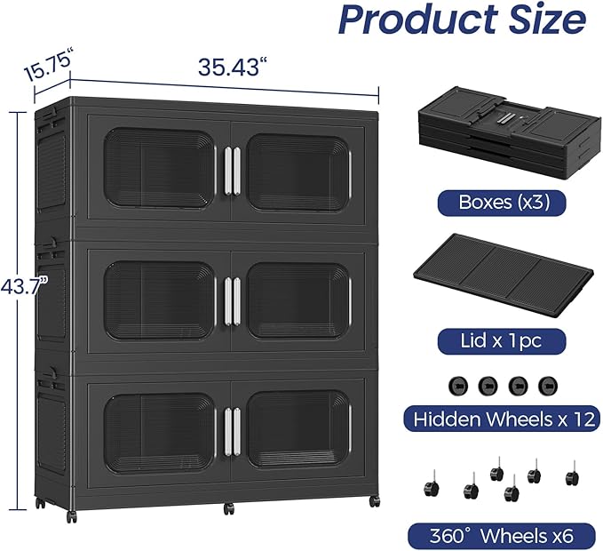 150Gal Exra Large Stackable Storage Bins with Lid, 600QT Collapsible Storage Box with 6x Wheels, Folding Plastic Cabinet Container with Door Drawer for Home Kitchen Office Dorm, 3Pack Black