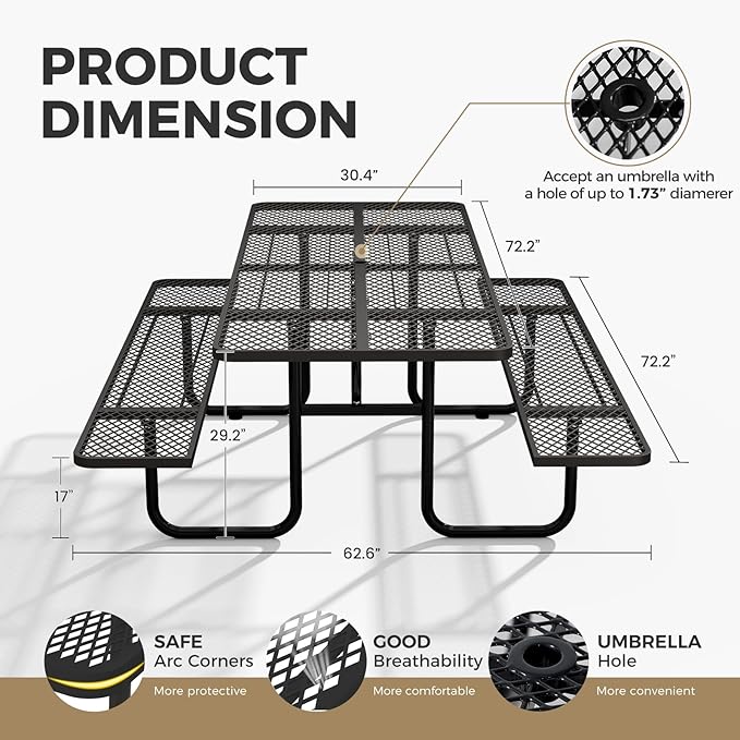 Rueekfil 72" Coated Picnic Table with Umbrella Hole, Heavy Duty Commercial Picnic Table for Outdoors, Family & Party Ready for School Camping, Rectangular, Black