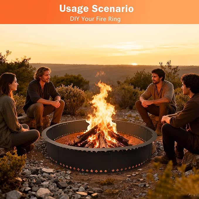 DFLU Smokeless Fire Pit Ring 48 inch Inner, 52 inch Outer Large Firepit Ring Insert Metal Steel Round Firepit Ring for Outside Wood Burning DIY Fire Pits Outdoor Fire Place for Camping Patio Backyard