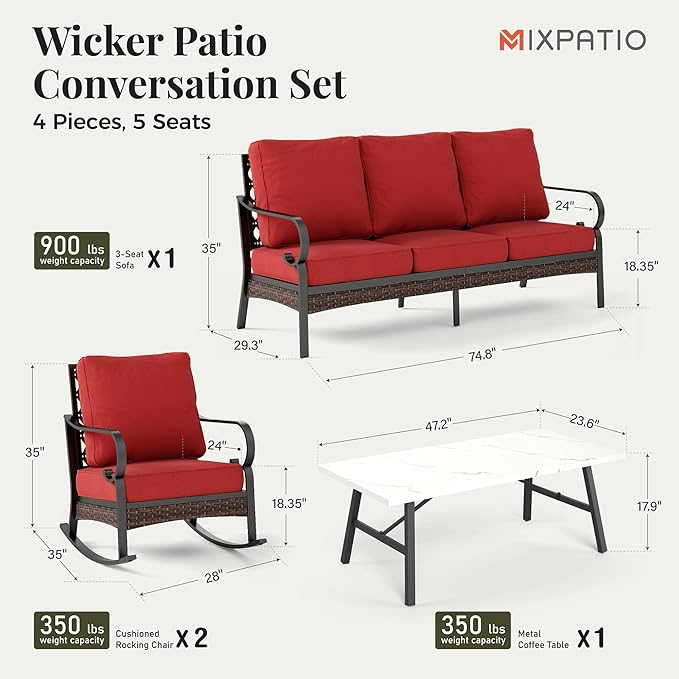 Patio Furniture Set with Coffee Table, Outdoor Conversation Set with 2 x Rocking Chairs, 1 x 3-Seat Sofa for Lawn Garden Backyard, Red