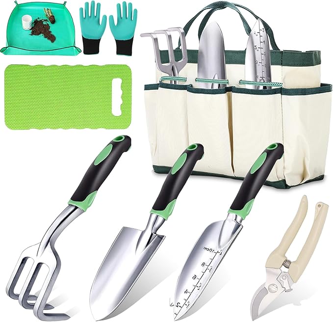 8-Piece Heavy-Duty Gardening Tools Set with Tote Bag - Rust-Proof Aluminum Gardening Hand Tools with Ergonomic Non-Slip Rubber Grips - Gardening Supplies Set Ideal Gift for Men & Women
