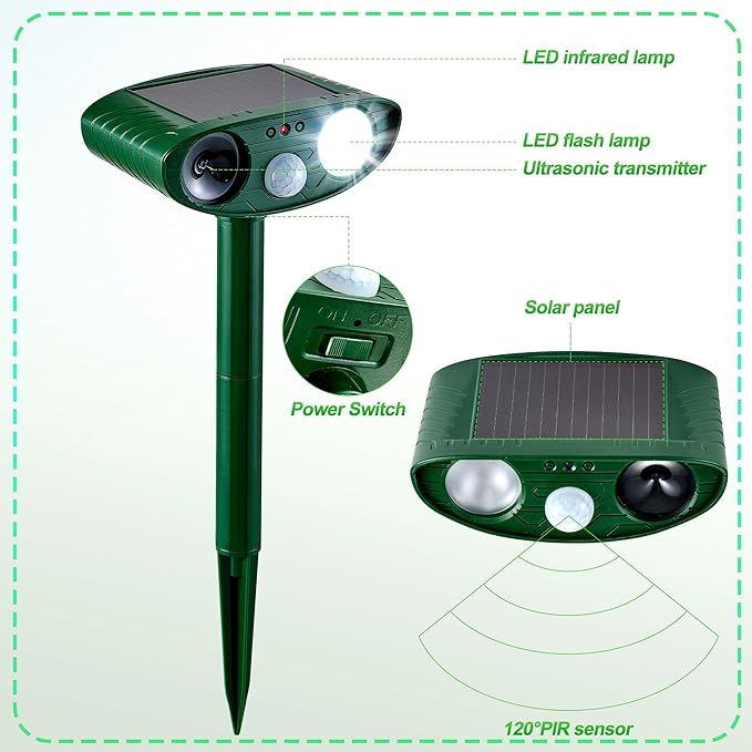 4 Pack Solar Animal Repeller for Raccoons, Deer & Squirrels - Ultrasonic & Strobe Light, Outdoor Deterrent for Cats, Dogs, Raccoons, Rabbits, Skunks, Foxes & More