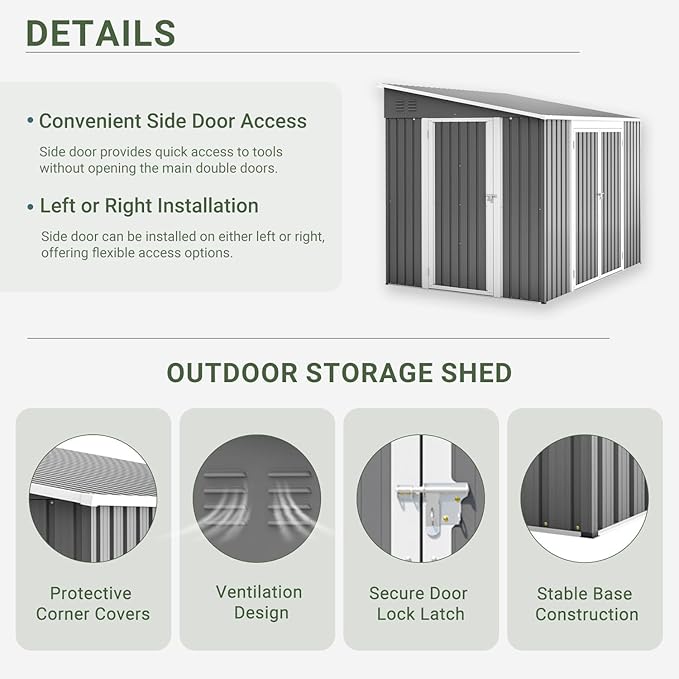 8x6 FT Outdoor Storage Shed with Sloping Roof, Lockable Double Doors & Adjustable Side Door, Weatherproof with Frame Floor, Compact Metal Tool Shed for Garden, Backyard and Patio