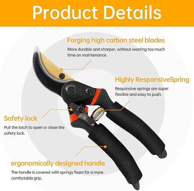 Titanium Bypass Pruning Shears, Rust-Resistant Coated Hand Pruners with Ergonomic Handles, Heavy Duty Garden Hedge Clippers Tools for Bonsai Scissors & Loppers