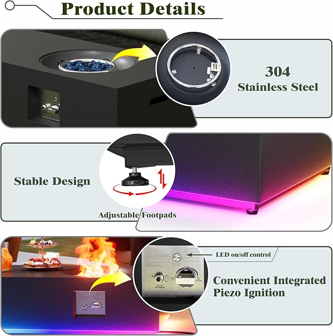 Dineli 2-Piece Outdoor Propane Fire Pit Table Set w Tank Table 48'' Rectangular Firepit Gas Fire Pits for Outside Patio Tabletop Fire Pits w LED, 50,000 BTU (Black with RGB Light)