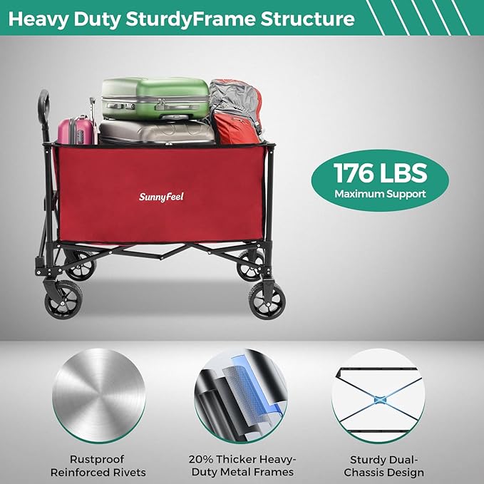SUNNYFEEL Collapsible Wagon Cart with Wheels Foldable - 176lbs Standard Borderless Version Wagon Carts for Grocery Sports Garden Shopping Camping(Red, 164L)