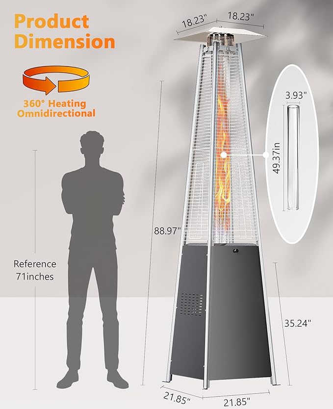 HUGROVE Pyramid Patio Heater, 48,000 BTU Rapid Heating Outdoor Propane With Wheels and Weatherproof Cover, Triple Protection System for Patio & Backyard & Garden & Pool (1 Gray Heater)