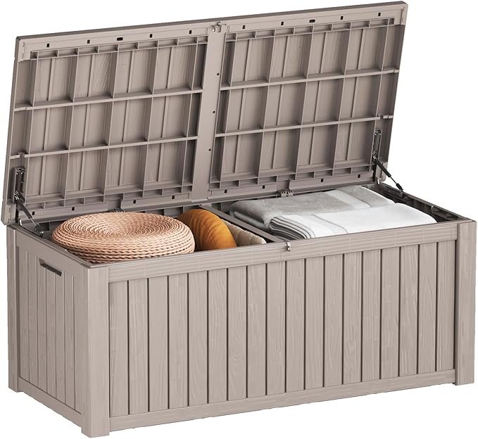150 Gallon Deck Box, Resin Outdoor Indoor Waterproof Storage Box, Lockable Storage Box With Handle for Patio Furnitures - Garden Tools - Swimming Pool Tools UV-Resistant, Grey